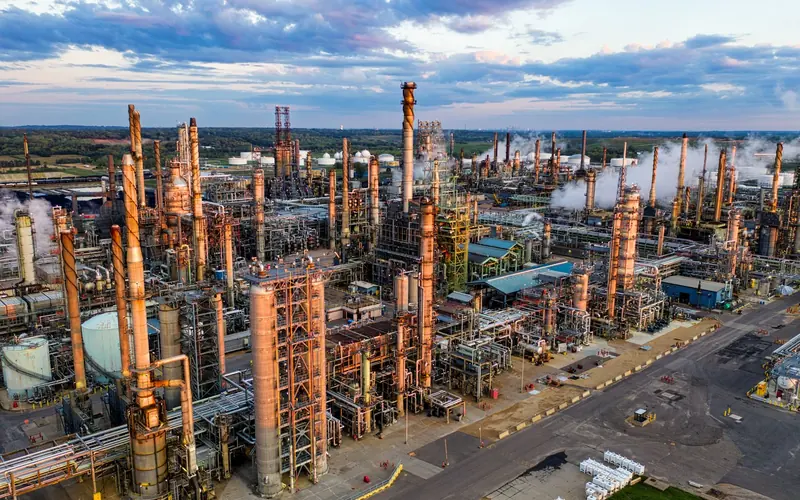 Aerial view of a refinery at dusk