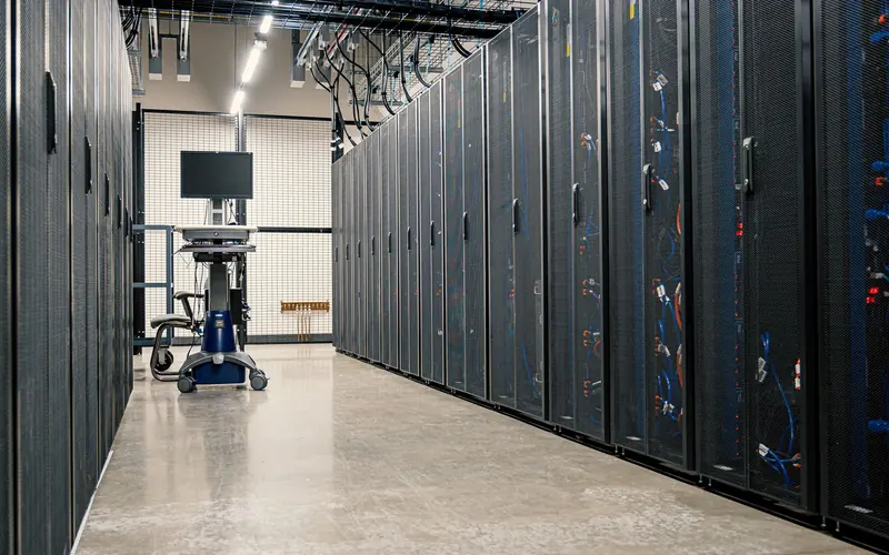 Corridor of server racks in a data centre